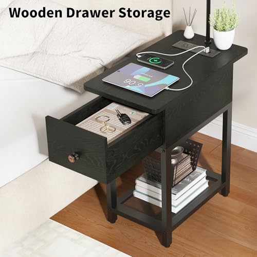 Image of runjuly Floor Lamp with Table, Side Table with LED Light and Charging Station, Narrow End Table with Lamp Attached, Nightstand with Storage Drawer for Living Room, Bedroom, Black