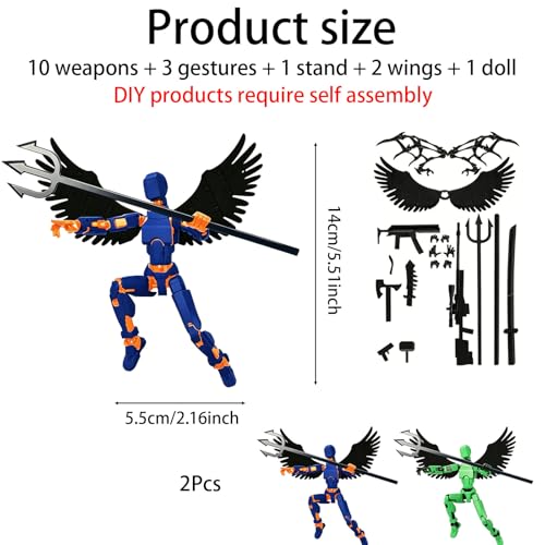 Image of 2Pcs Set Dummy 13 Action Figure, Robot Toy Collection, Articulated Multi-Joint Design, Desktop Decoration Display, Creative Posing for Collectors, Green and Blue Orange Character with Wings and Weapon