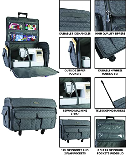 Everything Mary Xxl Rolling Sewing Tote, Heather Grey - Rolling Carrying Storage Cover Case Compatible With Large Brother And Singer Machines - Universal Travel & Craft Tote Bag #TOP4