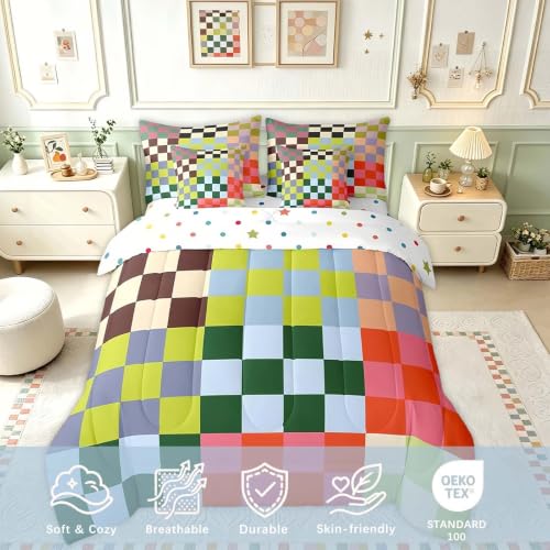 Image of Feelyou Multicolored Checkered Retro 7 Piece Bedding Set Kids Boys Geometric Vintage Comforter Set with Sheets Queen Size Green Red Yellow Colorful Bed in a Bag Modern Groovy Aesthetic Room Decor
