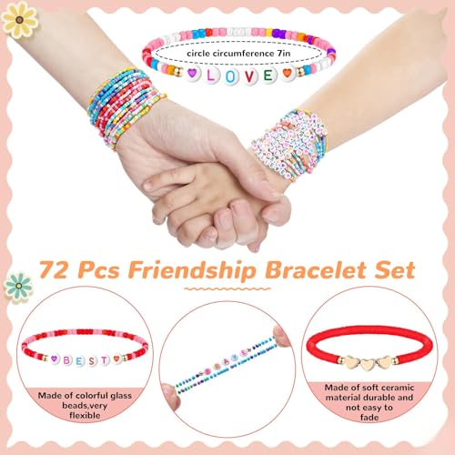 Image of Landical 72 Pcs Friendship Beaded Bracelets Bulk for Women Adjustable Colorful Beaded Bracelets Colorful Letter Friends Surfer Friendship Bracelet Party Favor Gifts(Elastic Bead Style)