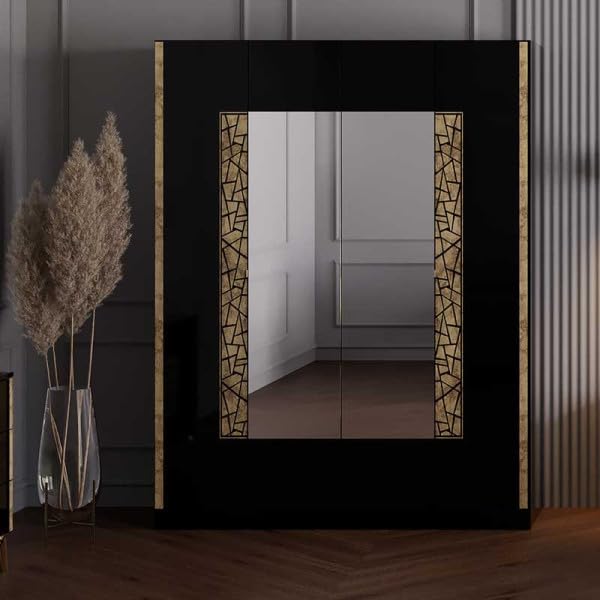 Chambre complète 160x200 Noir brillant/Or - NAHESA - Cadre de lit : L 168 x l 215 x H 112 cm ; Armoire : L 162 x l 53 x H 212 cm ; Commode : L 108 x l 41 x H 77 cm ; Chevet : L 52 xl 37 x H 54 cm ; M
