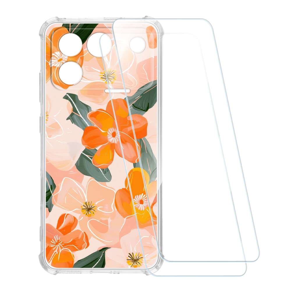 Printed Case + 2 Pack Screen Protectors Compatible with Huawei Honor Win RT 5G, Shockproof Pattern Soft Cover and HD Clear Tempered Glass Film (Flower 2)