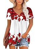 Tee Shirts for Girls Elegant Cute Floral Rose Print Summer Shirts for Daily and Holiday Red XL