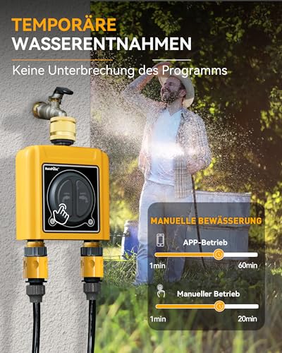 RAINPOINT Bewässerungscomputer WLAN 2 Ausgänge mit Messingeinlass und -auslass,Zeitschalter mit Regenverzögerung/manuelle Bewässerung, App-Steuerung(Nur Zeitschaltuhr)