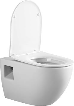 Fine Fixtures Surge Wall-Hung Power Flush Toilet White Toilet with Universal In-Wall Toilet Tank Carrier and Matee Black Push Plate Space-Saving Modern Design