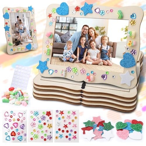 GullSkies Lot de 4 cadres photo en bois à peindre - 19 x 14 cm - Pour enfants - Avec strass 3D - Décoration en résine - Étoile et cœur - Kit de bricolage...