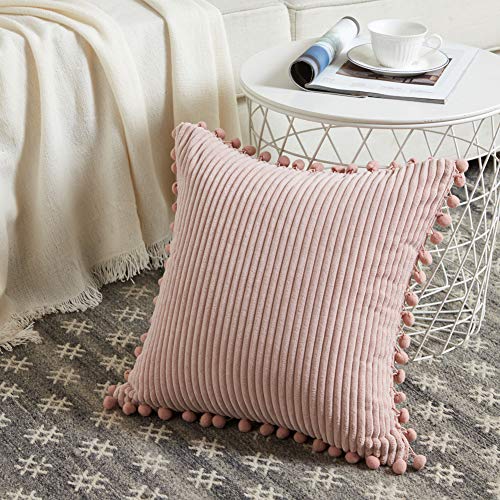 Fancy Homi Pack Of 2 Decorative Throw Pillow Covers With Pom-Poms, Soft Corduroy Solid Square Cushion Case Pillow Cases Set For Couch Sofa Bedroom Car Living Room (18X18 Inch/45X45 Cm, Blush Pink) #TOP1