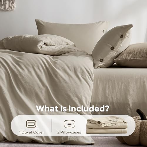 Image of JELLYMONI Washed Cotton Duvet Cover Queen, 3-Piece Oatmeal Bedding Set | 100% Washed Cotton, Linen-Look Texture, Oeko-Tex Certified, 8 Corner Ties & Button, Multi-Scene Use