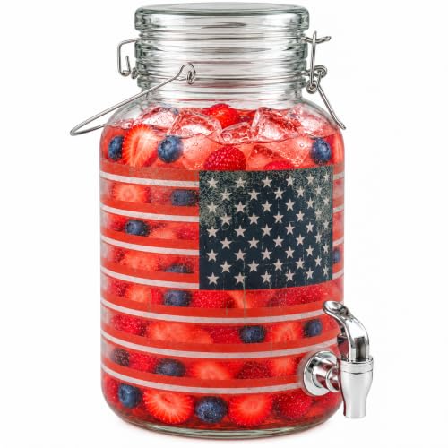MosJos Drink Dispenser, Glass Beverage Dispenser Set (USA Flag-1 Gallon)