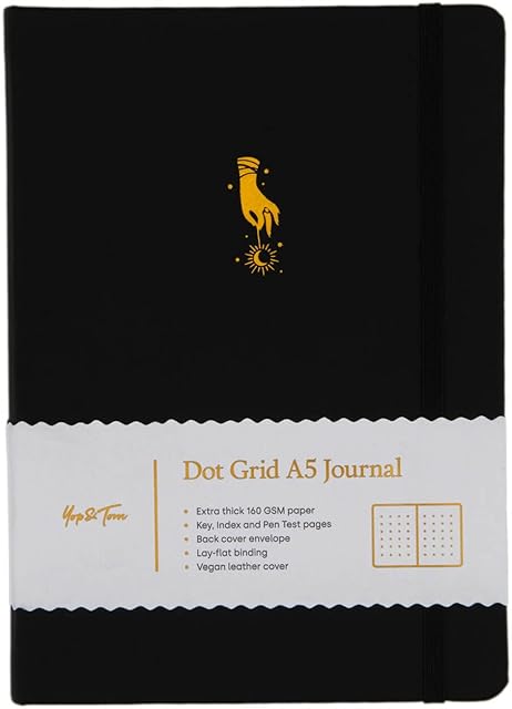 Yop & Tom A5 Dot Grid Journal - Tarot Hand - With Hardback Vegan Leather Cover and Extra Thick (160 GSM) Paper - Charcoal