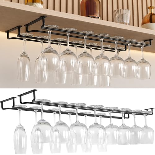 EAAGHK 4PCS Colgador de Copas, Soporte Copas Colgante con Tornillos, Estante para Vasos de Vino de Metal, Soporte para Copas debajo del Gabinete, Capacidad para 5 Copas de Vino de Burdeos, 40*13*5cm