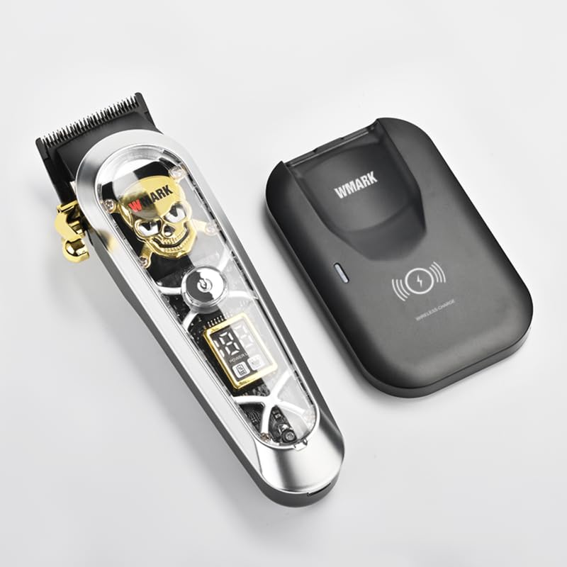 Image of WMARK NG-130 Salon Series Professional Wireless charging Digital Display Cordless Hair Clipper Patent design precision powder metallurgy 440C fade blade 7000 RPM motor 6 Guide Comb 240 min, Silver