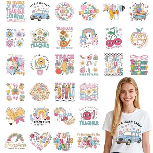 Papiailove 30Pcs Teacher Dtf Transfers Ready to Press Boho School Iron on Transfers for Tshirts Teacher's Day Appreciation Heat Transfer Vinyl Stickers for Clothing Pillows Bag DIY Crafts