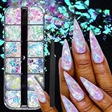 1 Box Holographic Aurora Nail Foil Laser Mermaid Nail Sequins 3D Iridescent Cellophane Nail Flakes Sparkly Glitter Flakes Shiny Nail Glitter Iridescent Nail Sequins Glitter for Nails Art 12 Grids