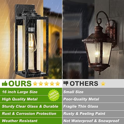 Image of FILIYANO Large Outdoor Wall Lights, 16 Inch,Modern Exterior Fixtures,2 Pack | Anti-Rust, Waterproof, Black Exterior Lantern with Clear Glass, Farmhouse Wall Lighting Sconces for Garage, Porch, Front Door