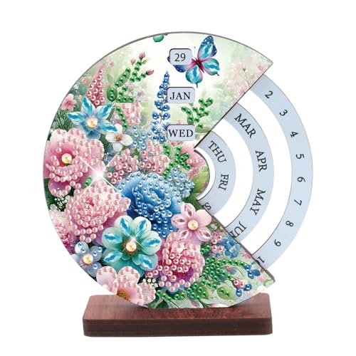 Image of AiYuanzsh DIY Diamond Art Tabletop Calendar Kit - 3D Wooden Perpetual Desk Ornament with Butterfly and Flower Design, Crystal Diamond Painting Desktop Decoration Gift