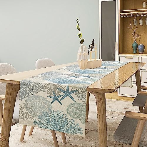 Image of Coastal Beach Tablecloth,Sea Animals Starfish Summer Theme Nautical Sea Shells Satrfish Theam,Summer Ocean Home Decor for Table Dining Room Kitchen,Blue,13x60 inch
