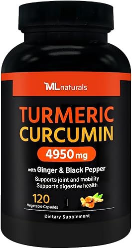 ML Naturals Curcumina de cúrcuma extra fuerte 4950 mg 120 cápsulas vegetales, 95% curcuminoides, con pimienta negra y jengibre. Absorción mejorada,