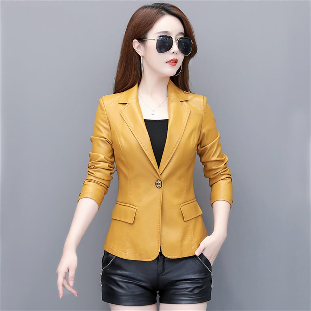 Damen Lederjacke Frühling Herbst Kurzer Lässiger Blazer Lederbekleidung Mantel