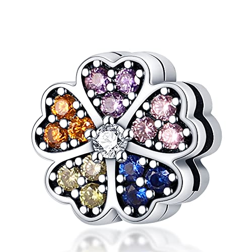KUNSIR 925 Sterling Silver Clip-On Charm for Reflexions Mesh Bracelet Charm Bead fits Flat charm Bracelets Gift for Women（Colorful Heart Plate）
