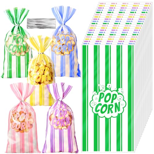 Image of 200 Pcs Popcorn Bags Bulk Movie Night Pop Corn Plastic Bags for Popcorn Machine Pop Corn Snack Containers with Twist Ties for Carnival Graduation Party Supplies (Pretty,Pastel)