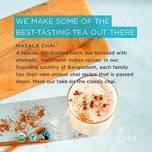 Teatulia Organic Chai Tea Bags (50 Wrapped Tea Bags) | 100% Compostable | Sustainably Grown In Bangladesh | Black Tea, Cinnamon, Cardamom, Ginger Root, Black Pepper & Cloves #TOP2