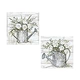 Set mit 2 natürlichen Leinwandbildern mit Gießkanne und Blumen in Weiß, Grün und Grau, 40 x 40 x 3 cm