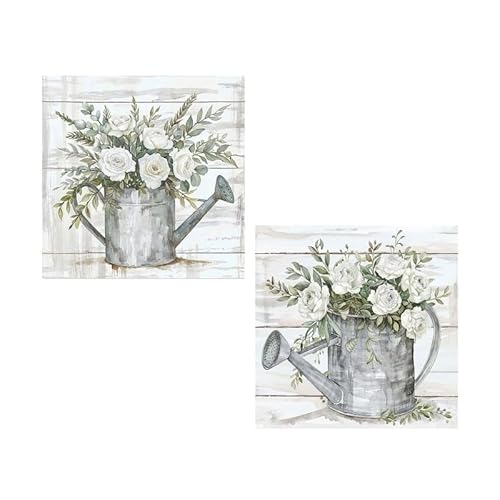Set mit 2 natürlichen Leinwandbildern mit Gießkanne und Blumen in Weiß, Grün und Grau, 40 x 40 x 3 cm