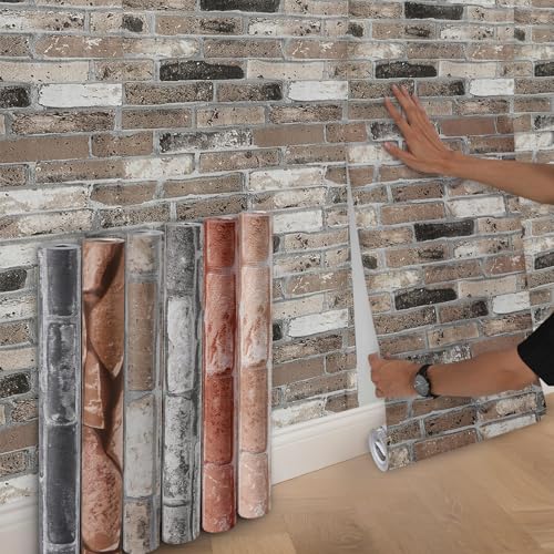 Beswitory Brown Grey Brick Wallpaper - 3D Effect Textured Brick Effect Wallpaper for Realistic Faux Bricks Wall Covering，Anti-Fouling Slate for Bedroom Living Room Hallway Stairs Lounge