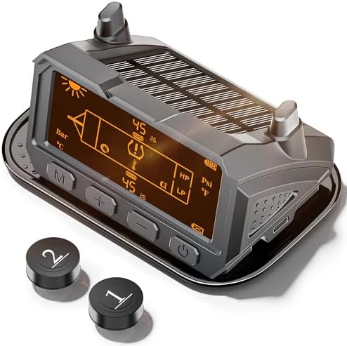 RV Tire Pressure Monitoring System - TPMS with Solar and USB Tyce-c Charger, 2 Tire Sensors and 6 Alarm Modes, Auto on/Off & Adaptive Backlighting, for RV, Sedan, SUV, MPV, etc (0-116PSI)