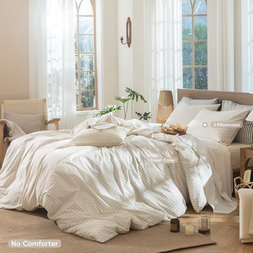 Image of MooMee Striped Duvet Cover Set 100% Washed Cotton Linen Like Oversized Full | Relaxed Linen-like Texture. Soft, Breathable & Long-lasting Comfort. Lightweight. Hidden Zipper with 8 Interior Corner Ties