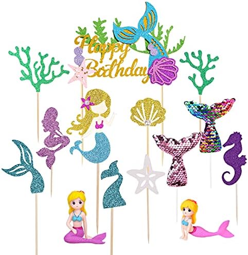 Mermaid Cake Toppers, Dokuna Glitter Mermaid Theme Happy Birthday Mermaid Cake Decorations with 2 Mermaid Figurines for Mermaid Themed Birthday, Baby Shower Party Decorations Supplies