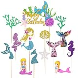 Mermaid Cake Toppers, Dokuna Glitter Mermaid Theme Happy Birthday Mermaid Cake Decorations with 2 Me