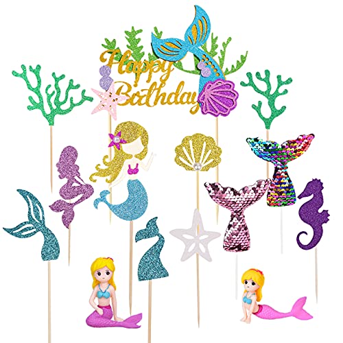 Mermaid Cake Toppers, Dokuna Glitter Mermaid Theme Happy Birthday Mermaid Cake Decorations With 2 Mermaid Figurines For Mermaid Themed Birthday, Baby Shower Party Decorations Supplies #TOP2