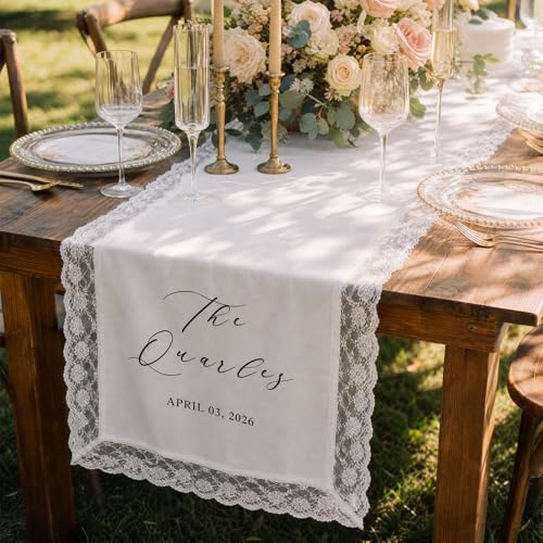 Image of Personalized Wedding Table Runner with Lace Trim, Custom Table Decor Banner | Customized Sweetheart Table Runner with Cheers to Lace Head Table Banner for Wedding Reception Engagement Party