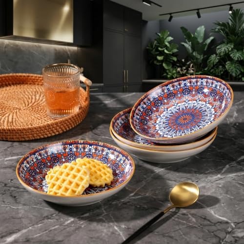 Image of Ceramic Pasta Plates, Shallow Serving Plate with Blue & Orange Mandala Design, Wide Rim Dinner Bowl for Pasta, Salad, Soup, Snacks & Desserts, Elegant Tableware (Mandala Pattern, Pack of 4)