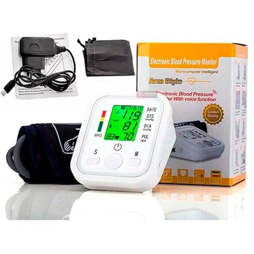 Aparelho Monitor de pressão arterial Com Voz Em Portugues - Braço Medidor portatil automático digital esfigmomanômetro Detecta hipertensão e batimentos cardíacos irregulares + Estojo e Fonte