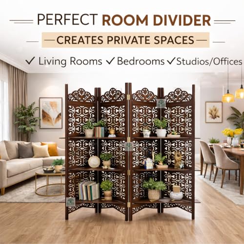 Image of Wooden Room Divider 6 Feet, 4-Panel Folding Wooden Partition for Living Room, Office, Pooja Room, Restaurant, Kitchen & Balcony (2W x 1.82H Meters). (Brown Leaf Pattern)