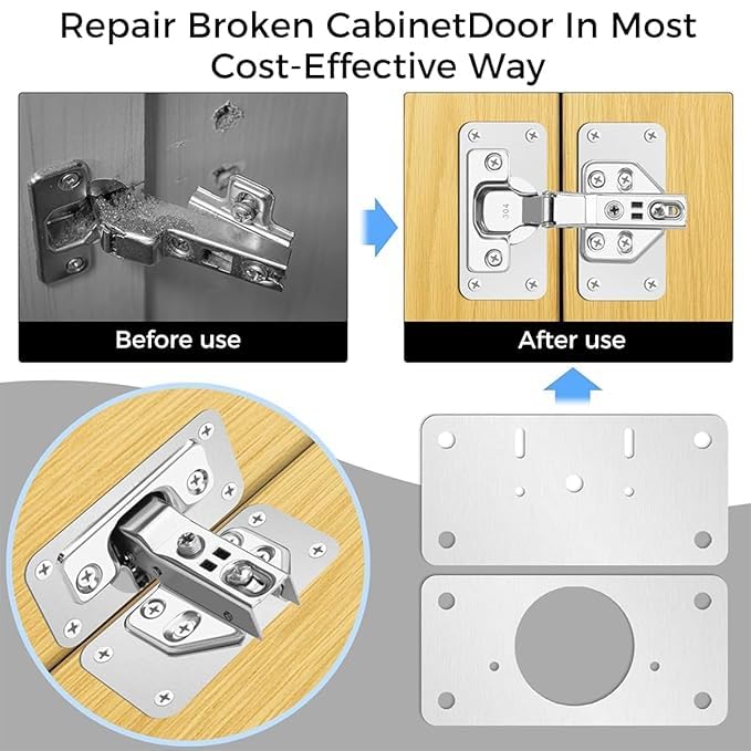 Met Craft Stainless Steel 304 Grade Cabinet Repair Plates with Pre-Punched Holes and Screws I Universal for All Auto Concealed Hinge I for Doors, Cabinets, Cupboard Door, Wardrobes (Silver, 2 Set) 1