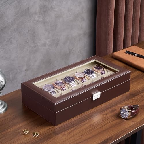 Image of ProCase Watch Box Organizer, 14 Slot Watch Display Case With Glass Lid, Watch Storage Holder Mens Watch Case, Anniversary Birthday Valentine Gifts for Men Women -14 Slot, Espresso&Beige