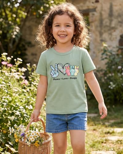 Image of SOFEON Kids Girls Easter Shirt Bunny Peace Love Peeps T-Shirt Cute Funny Rabbit Graphic Tees Short Sleeve Casual Tops