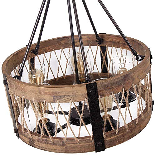 Homelava Wood Pendant Lights Fixtures D19.6 x H21.6 inches Rustic Wooden Art Deco Chandelier Fixtures,Glass Shade Pendant Light, Retro Industrial Lamp for Kitchen Table Dinning Room,Foyer Living Room