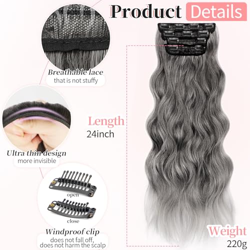 Image of KooKaStyle Clip in Synthetic Hair Extensions Long Wavy 4PCS Thick Hairpieces Grey Sliver Mixed Fiber Double Weft Natural Hair Extensions 24 Inch for Women