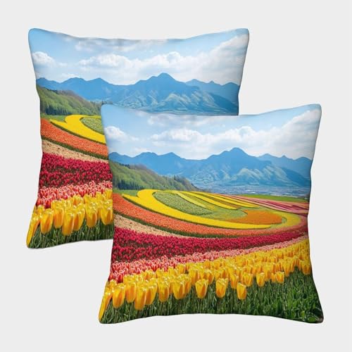 kaiyun 2 Pack Countryside Flower Fields Pillow Case 3D Tulips Yellow Rapeseed Printed Cushion Box Suitable for Home Living Room Decoration Car Pillow Case 40x40cm