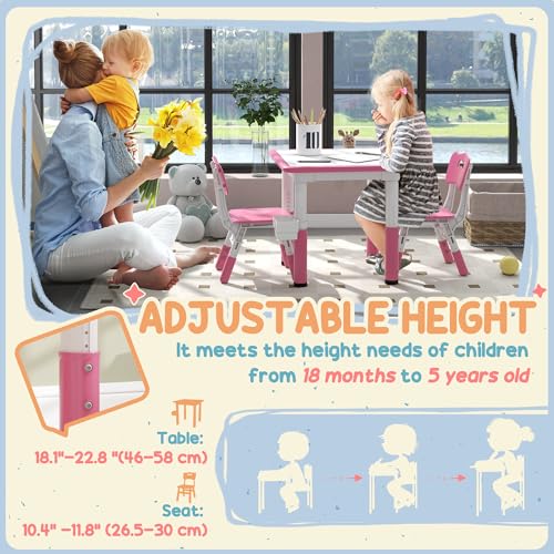 Qaba-3-Pieces-Kids-Table-and-Chairs-Height-Adjustable-Toddler-Table-and-Chair-Set-with-Storage-Easy-to-Wipe-Activity-Table-2-Chairs-for-Classroom-for-Daycare-Classroom-18-Months-5-Years-Pink Qaba 3 Pieces Kids Table and Chairs Height Adjustable Toddler Table and Chair Set with Storage Easy to Wipe Activity Table 2 Chairs for Classroom for Daycare Classroom 18 Months 5 Years Pink