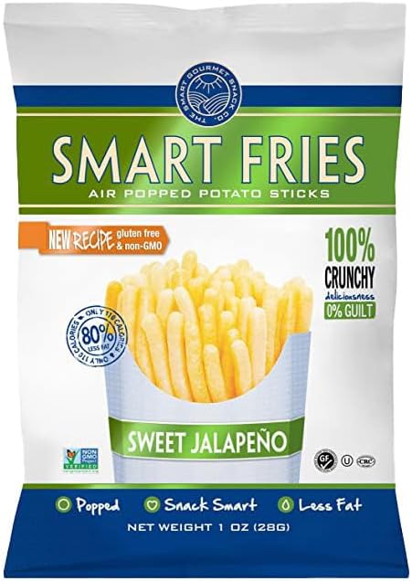 Gourmet Basics Smart Fries Air Popped Potato Fries, French Fries, Potato Sticks Individual Bags, Fry Chips Family Size, Low Calorie Chips, Non-GMO, Gluten Free, Sweet Jalapeno - 1 oz Bags (24 Pack)