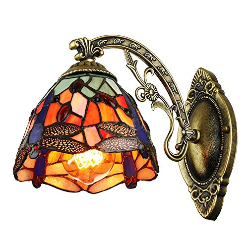 LITFAD Dragonfly Pattern Wall Sconce 6" Width One Light Wall Light Tiffany Stained Glass Shade Victorian Decorative Wall Lamp for Bedroom Hotel Restaurant - A