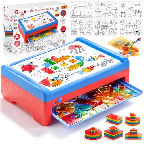 PLAY Light Box for Kids LED Light Table with 6 Translucent Puzzle Films and 50 Shapes Adjustable Colors and Brightness Sensory Toy for Painting Sketching Drawing and Early Development