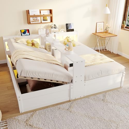 Moimhear Sofá cama, 90/180 x 200 cm, equipado con un enchufe europeo y varios compartimentos de almacenamiento, con mecanismo de cama hidráulico, cama de madera, cama doble (blanco)